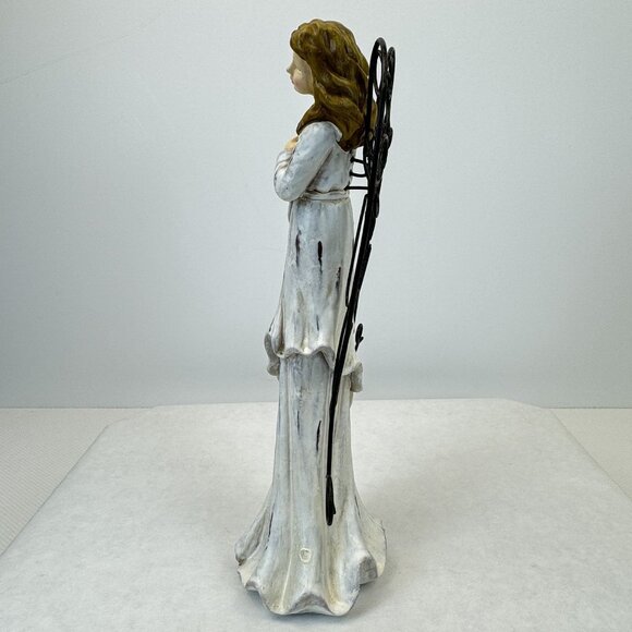 Vintage Rustic White Christmas Angel Figurine With Metal Wings Gold Trumpet 11" - Picture 3 of 10